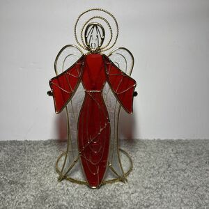 VTG Stained Glass Angel 8” Tall 4” At Base Red Gown Clear Wings Christmas Decor